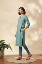 Solid Green Cotton Kurta with Pocket – Women’s Wear